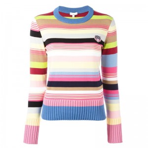 Maglione girocollo in misto lana a righe multicolore su misura per donna